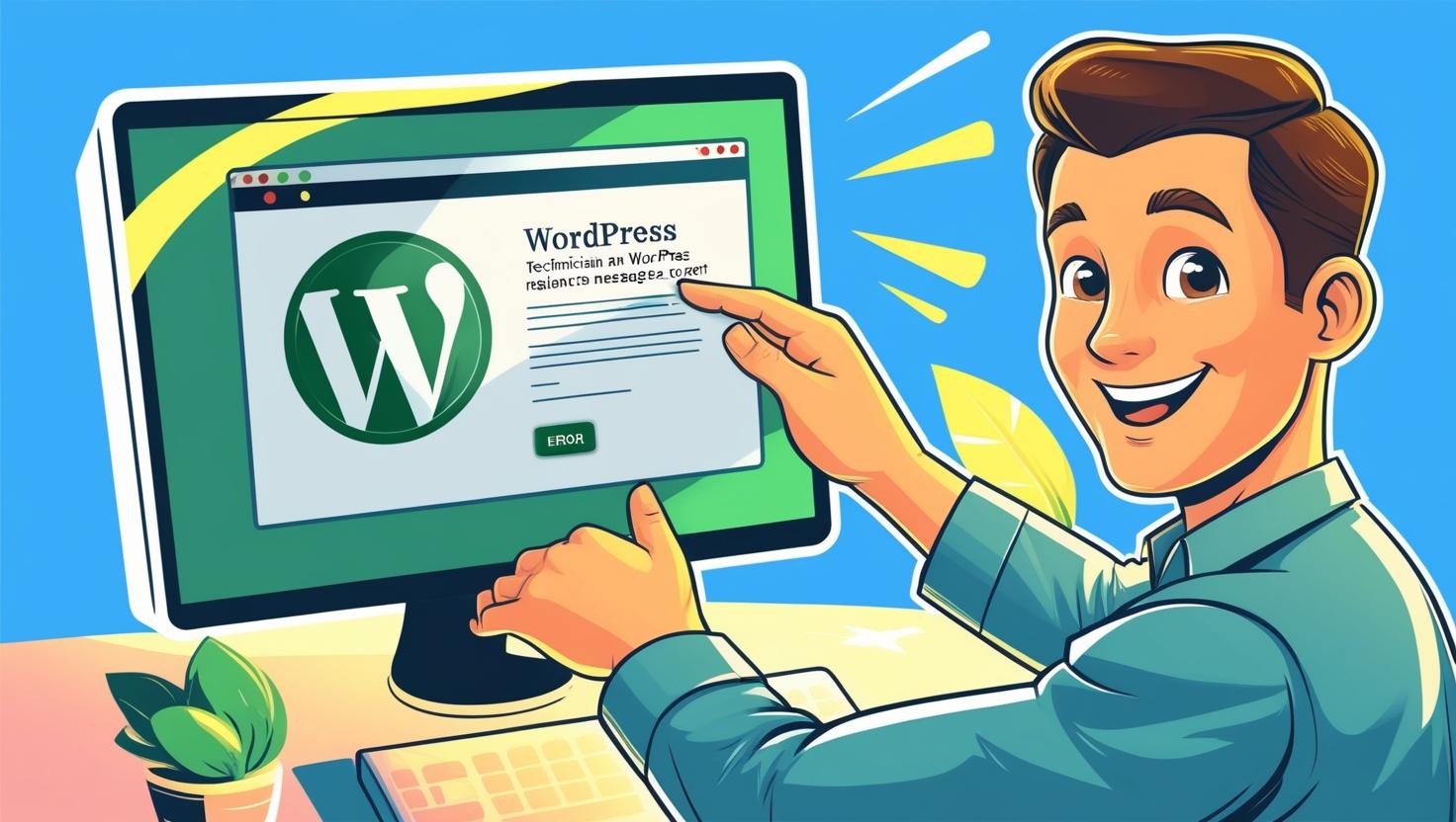 Cartoon-style illustration of a smiling professional pointing at a WordPress error screen on a desktop monitor, symbolizing creative and expert WordPress design and troubleshooting services. Highlights WP Fast Solutions’ blend of professionalism, innovation, and creativity in delivering visually stunning and effective digital solutions.