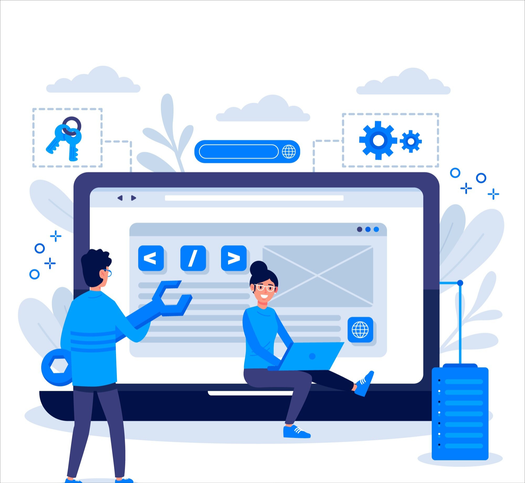 Illustration of developers managing a website on a large laptop screen, with icons for coding, security, settings, and server infrastructure, representing 24×7 WordPress services. Highlights WP Fast Solutions’ expert maintenance, speed optimization, and security monitoring to keep WordPress sites secure and up to date.