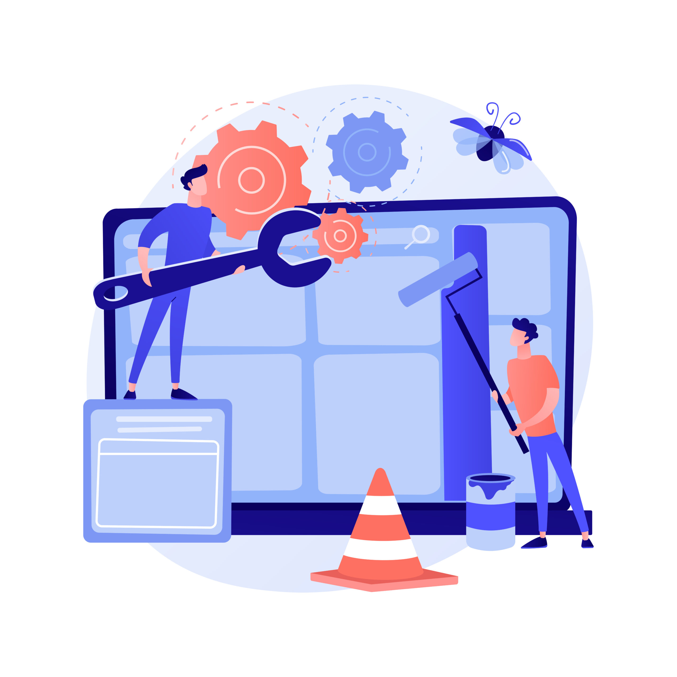 Graphic illustration of website repair with characters holding tools and paint roller in front of a large browser window, representing WP Fast Solutions’ one-time WordPress fix service to resolve technical issues efficiently and professionally