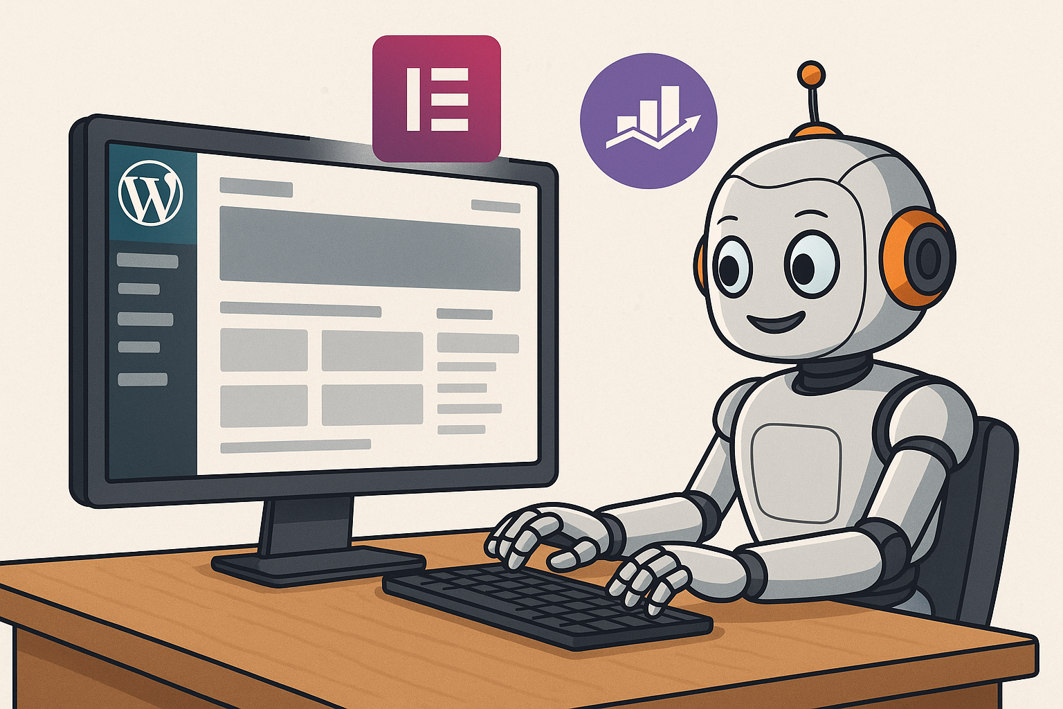 Cartoon-style robot using a computer displaying a WordPress dashboard, with Elementor and analytics icons floating above, symbolizing AI-powered website building and optimization.