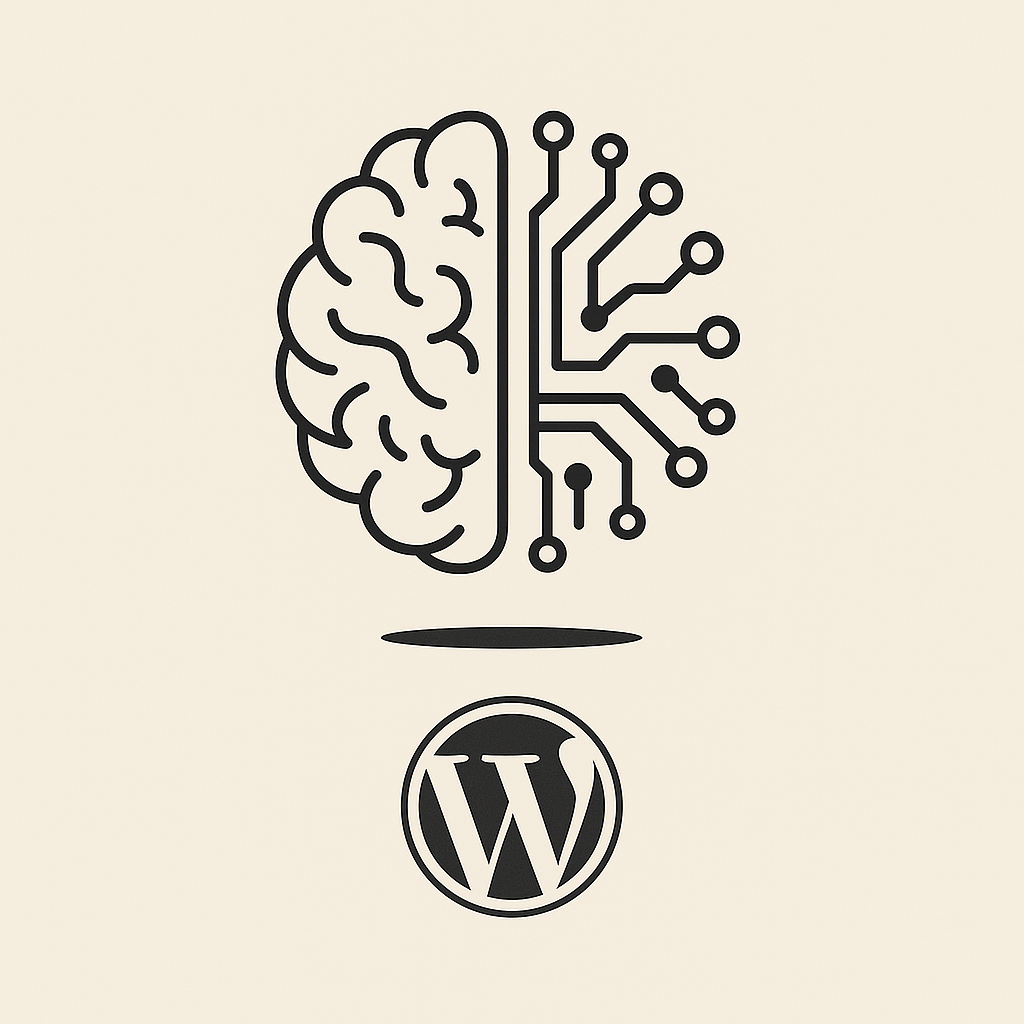 Minimalist vector illustration showing a split brain design, with the left half depicting a human brain and the right half stylized as a circuit board, symbolizing artificial intelligence. The brain hovers above a black WordPress logo on a soft beige background, representing the fusion of human creativity and AI in web development.