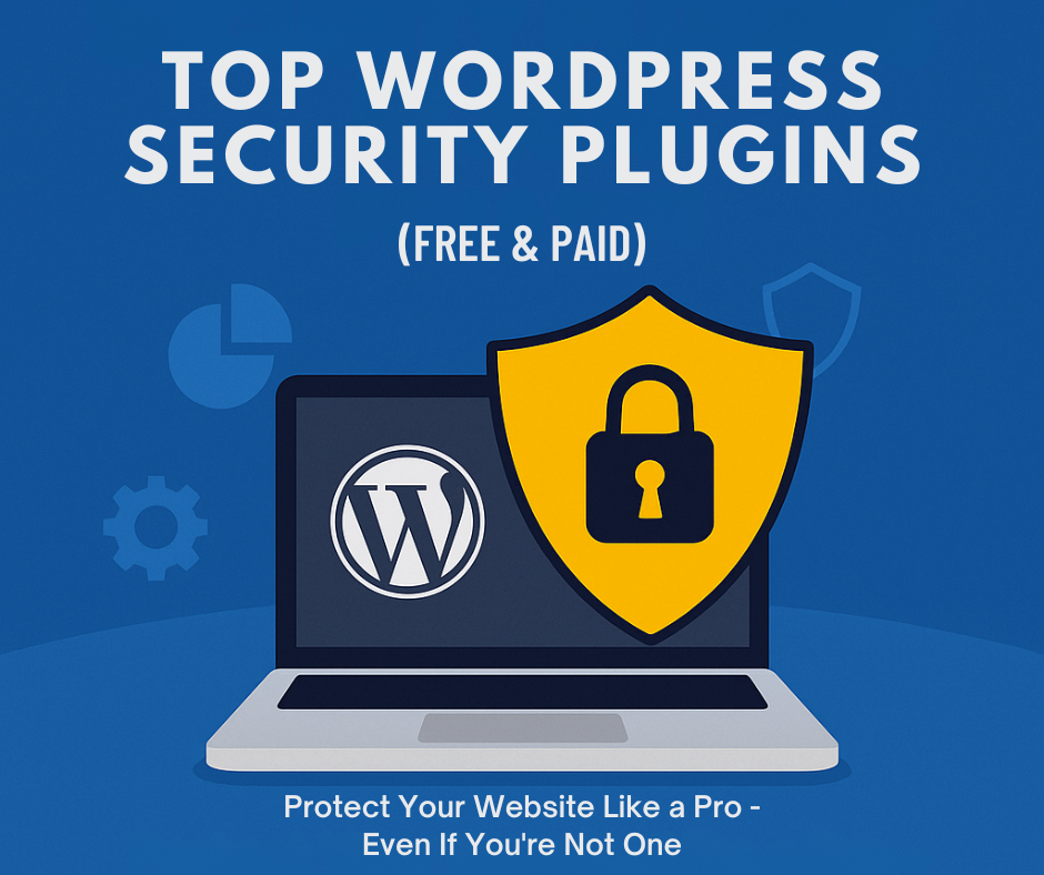 Illustration of a laptop displaying the WordPress logo, protected by a yellow shield with a padlock icon, set against a blue background. Text reads 'Top WordPress Security Plugins in 2025 (Free & Paid)' with a subheading 'Protect Your Website Like a Pro – Even If You’re Not One.
