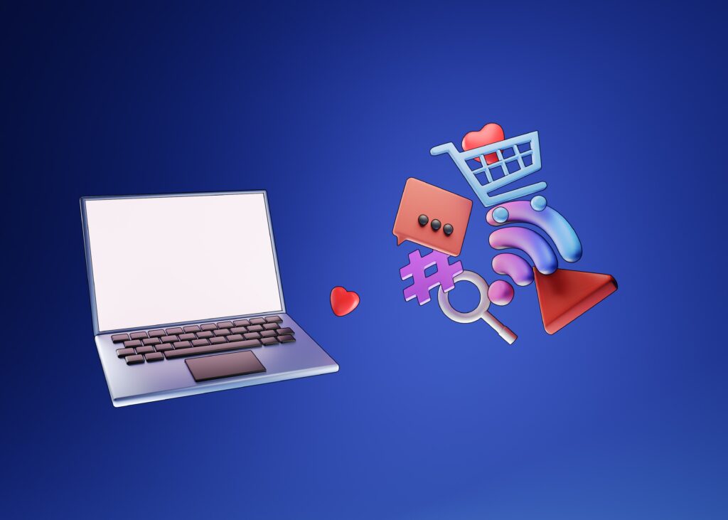 3D illustration of a laptop with floating eCommerce and marketing icons — representing WooCommerce plugins for social proof, engagement, and conversions.